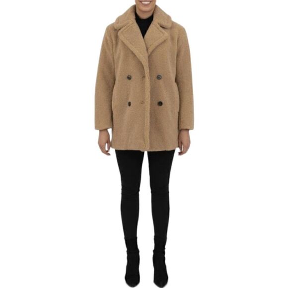 Kensie Women's Faux Fur Tan Butterscotch Teddy Double Breasted Jacket Size L - Picture 2 of 13